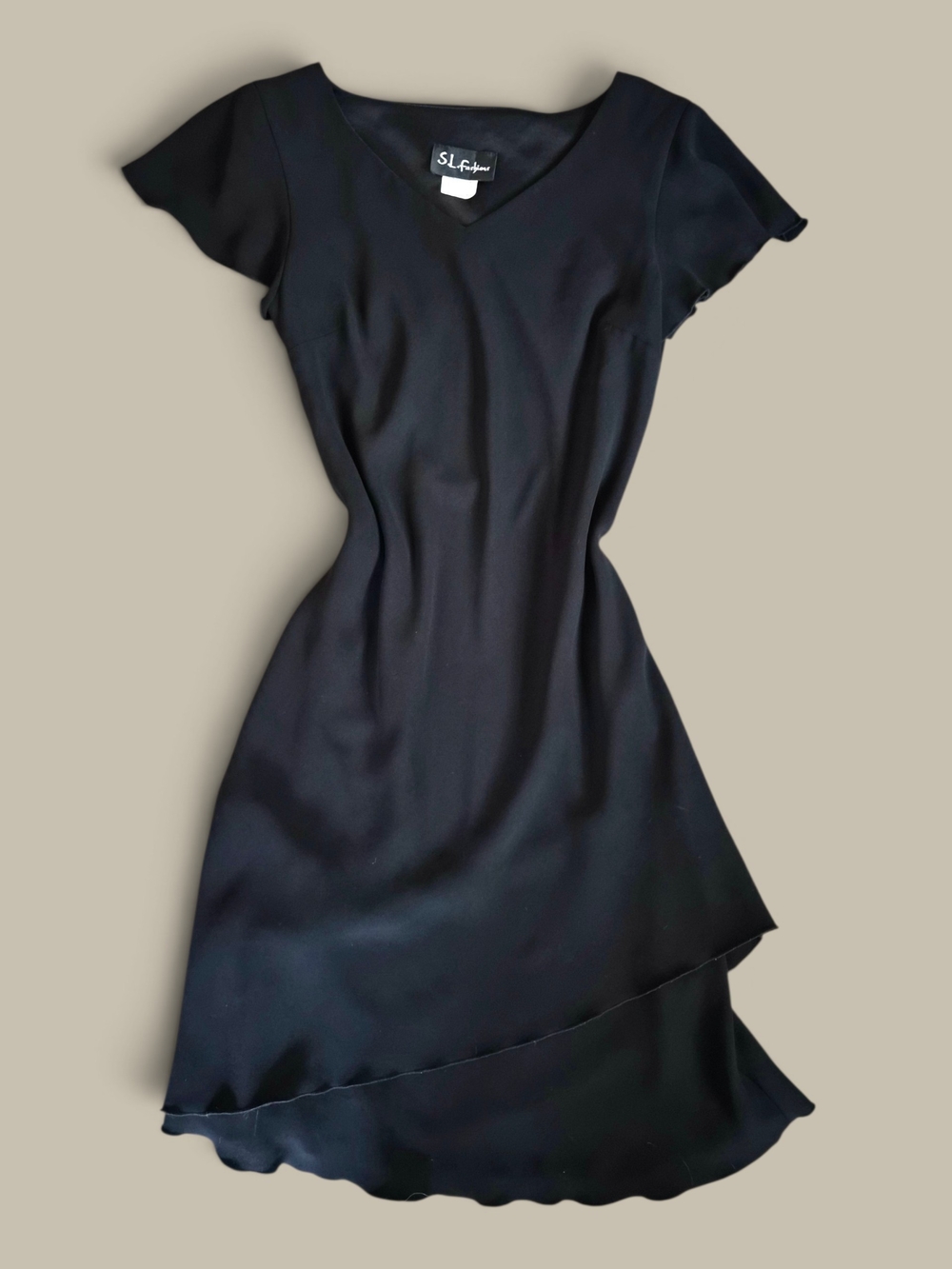 S.L. Fashions Black Midi Dress Size 10 Asymmetrical Layered Flutter Sleeve